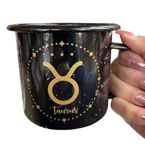 Taurus Astrology 18 oz Enamel Campfire Mug Zodiac Symbol Black White & Gold NWT